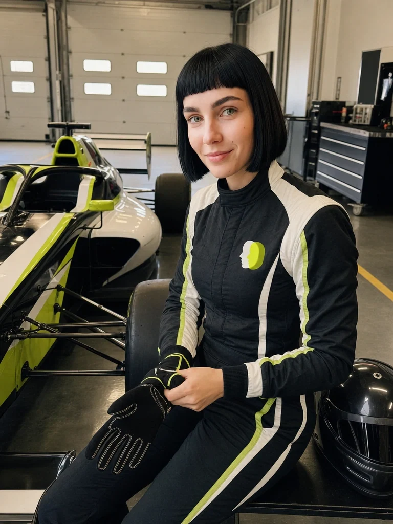 Pole Position sample: a person in a black and lime racing suit beside a race car