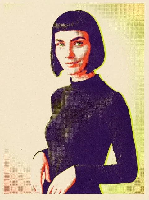 The sample portrait as a purple and orange risograph print