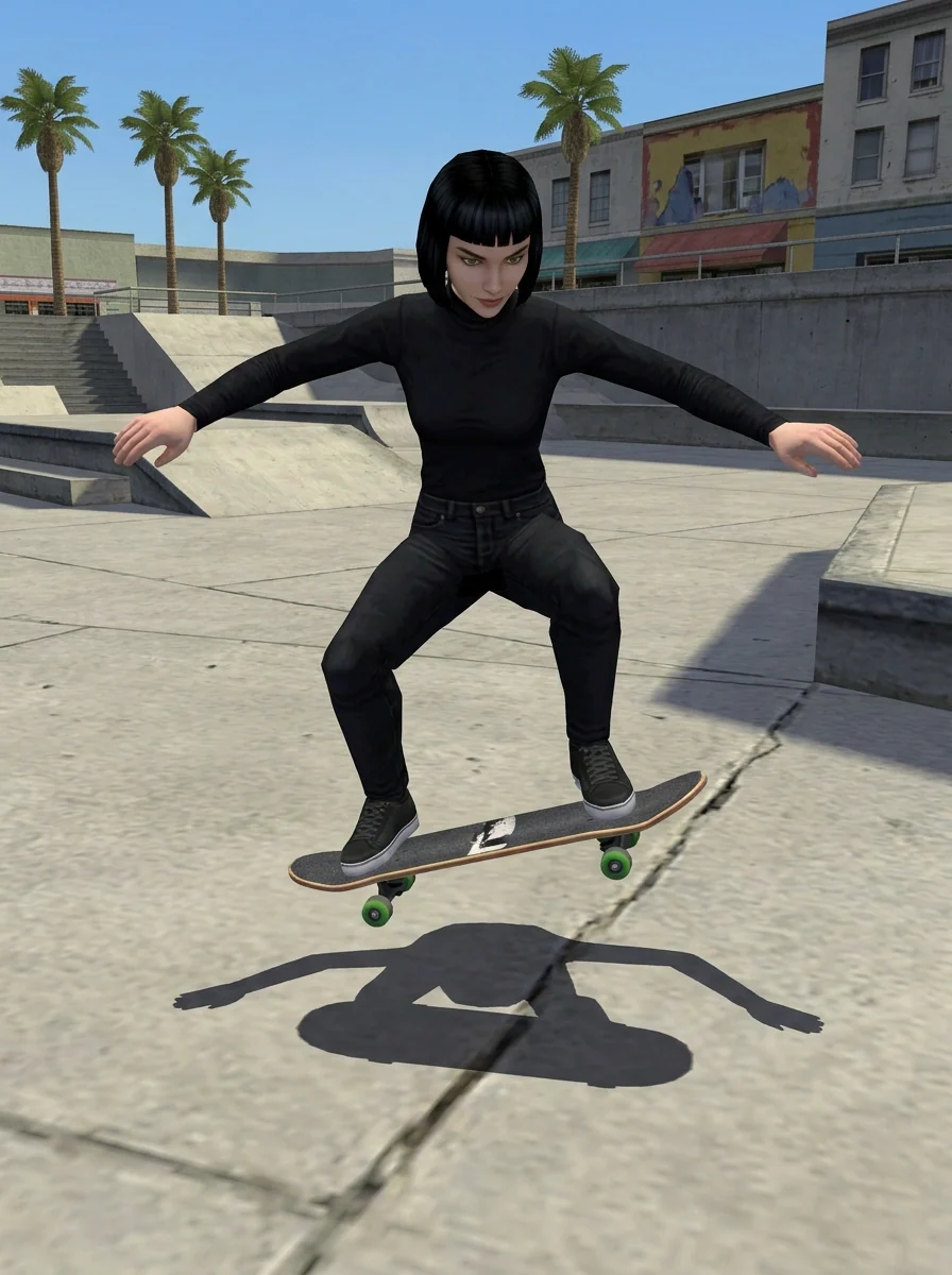 Plaza Pop sample: a textured retro game character doing a low skateboard ollie