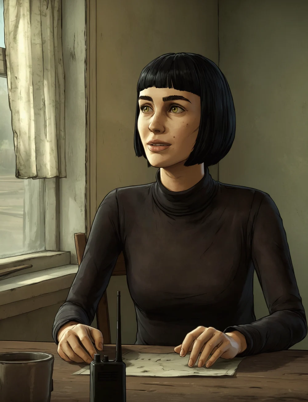 Walkers sample: a textured game character with a map and radio beside a window